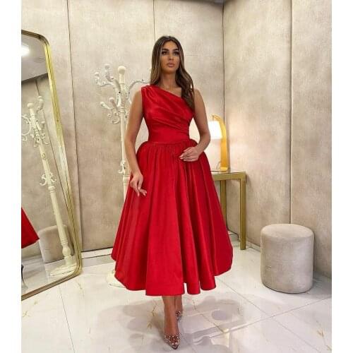 One Shoulder Short Burgundy Prom Dresses Tea Length A Line High Quality Satin Wedding Party Dress Plus Size Women Gown Wholesale