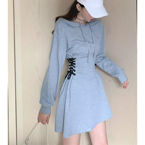 Autumn students girl hooded dresses lace up waist sweatshirt dresses women hoodies dress lace up hoody
