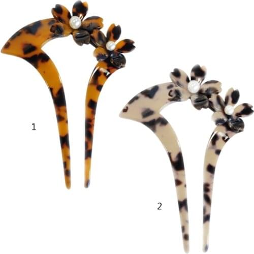 Celluloid Acetate Hair Stick Fork Vintage U-Shaped Tortoise Shell Updo Chignon Pin 3D Floral Pearl Bun Holder Barrette