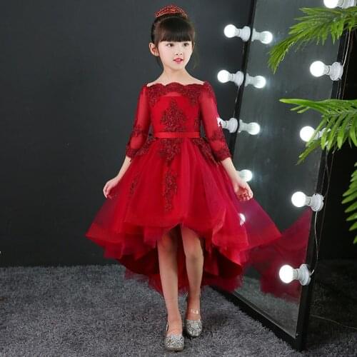Girls Dress Red Wedding Baby Christmas Clothes Long Trailing Bead Lace Party Princess Birthday Kids Dresses First Communion Gown