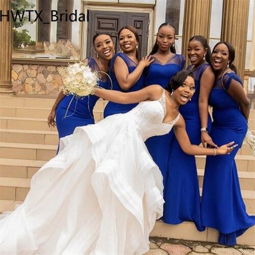 African Black Girls 2020 Bridesmaid Dresses Sleeveless V-neck Backless Royal Blue Sexy Mermaid Wedding Guest Dress Women Party
