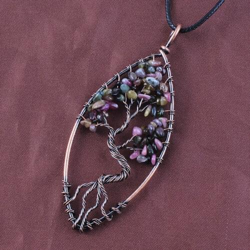 KFT Natural Tree of Life Stone Pendant Marquise Healing Tourmaline Crystal Quartz Chakra Reiki Pionted Necklace Jewelry