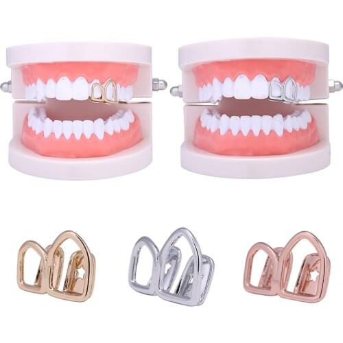 Hip Hop Gold Teeth Grillz Hollow Open Double Silver Color Tooth Caps Canine Fake Grills for Teeth Rapper Cosplay Party Jewelry