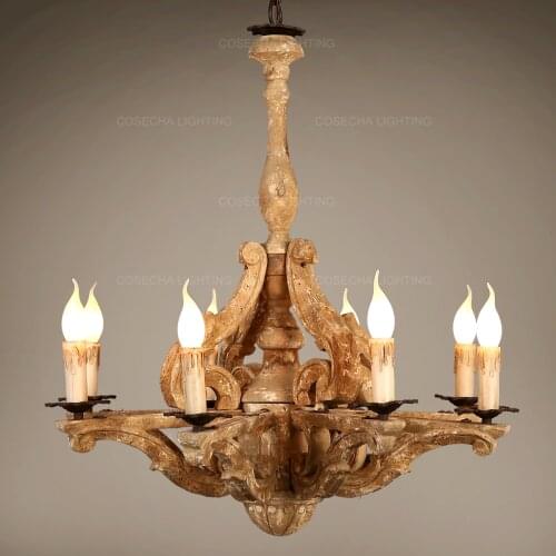 Carved wooden chandelier european style retro hanging light vintage living room suspension lustre antique bedroom kitchen lights