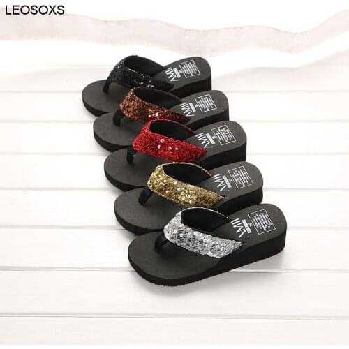 New summer sequined slippers slope with flip flops womens home sandals 3-5 cm heel shoes Casual beach slippers