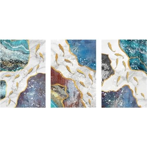 Modern Golden Fish Group Canvas Painting Abstract Wall Art Marble Texture Picture Posters Print Living Room Corridor Decoration