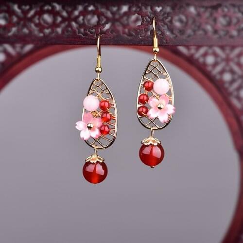 Vintage Elegant Red Chalcedony Pendant Earrings Dignified Graceful Color Retaining Copper Eardrop Hanfu Tea Clothing Accessories