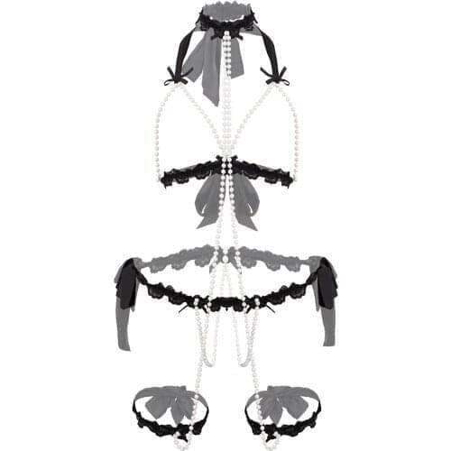 ZDHoor Sexy Lingerie for Women Hollow Out Lace Beaded Lingerie Suit Sleepwear Clubwear Open Crotch Pearl Thongs Erotic Lingerie