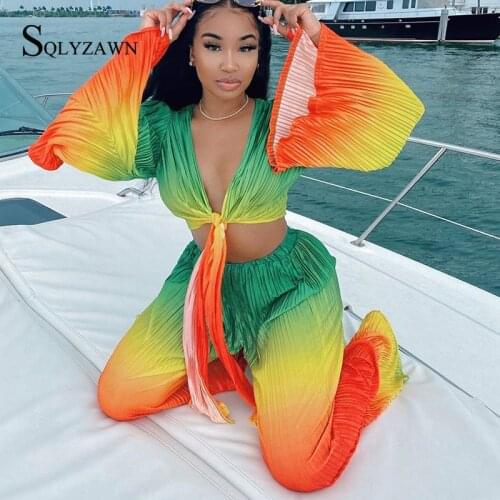 Autum Long Sleeve Rainbow Sexy Lace Up Crop Top Printed Casual Pants Ruched Two Piece Set Womens Vintage Striped Matching Sets