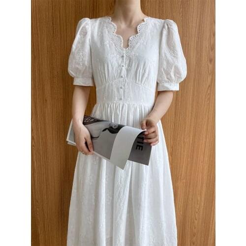 New V-Neck Summer Retro Puff Sleeves Women Long Dress Good Quality Elegant Formal Office Work Lady Dresses Vestidos