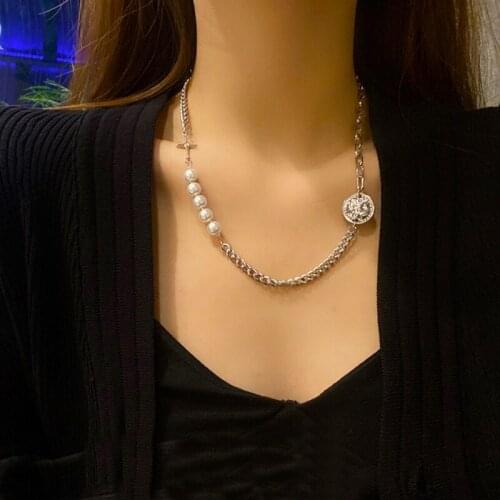 Vogallery Fashion Women Imitation Pearl Necklace Face Coin Silver Color Chain On The Neck Sexy Sweater Chains Jewelry