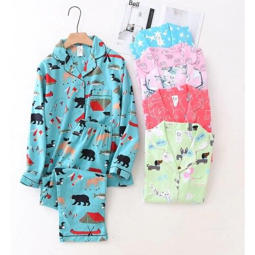 100% Cotton Pyjamas Women Pajamas Sets Autumn Brushed Winter Warm Cute Cartoon Sleepwear Pijamas Mujer Pyjamas Womens Clothing