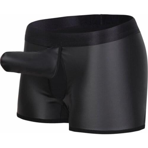 Men Sexy sheer Underwear black Leather Boxers Penis Pouch Underwear Boxer Gay underwear Transparent Hot Men