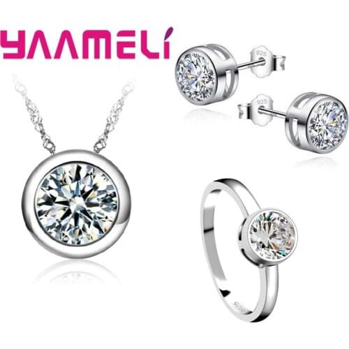 Artistic Simple Trendy 925 Sterling Silver Round Crystal Pendant Necklace Earrings Ring Female Jewelry Set For Xmas Part