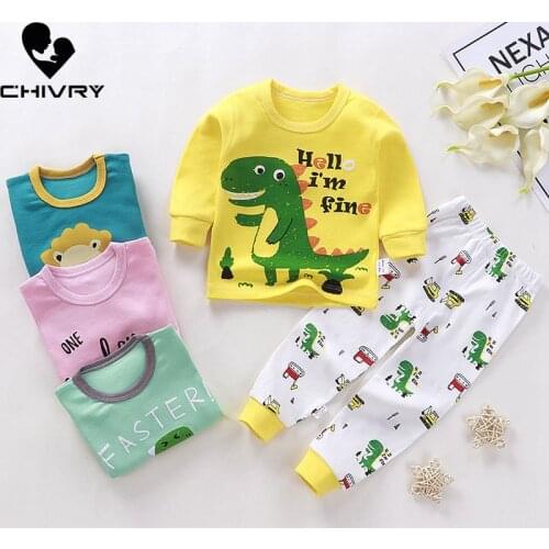 New 2020 Kids Boys Girls Pajama Sets Cartoon Dinosaur Print T-Shirt Tops with Pants Toddler Baby Autumn Sleeping Clothing Sets