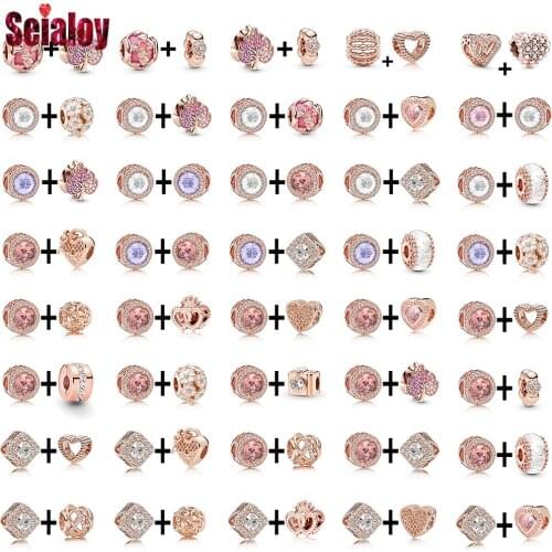 Seialoy Pink Crystal Round Beads Lavender Rhinestone Rose Gold Heart Charm Fit Original Bracelets Diy Women Jewelry Accessories