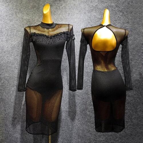 Sexy Perspective Mesh Latin Dance Dress Adult Female Leotard Back Zipper Open Back Salsa Costume Women Dancewear Party Dress