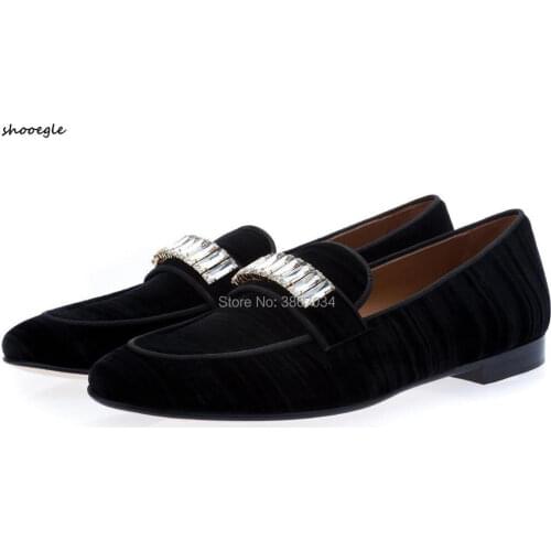 SHOOEGLE Mens Dress Shoes Wedding Moccasins Crystal Brooch Men Slippers Slip on Wrinkle Loafrers Party Shoes Men