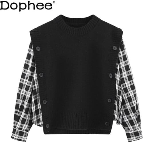 Plaid Stitching Fake Two Pieces Knitted Sweater Loose Pullover Womens 2021 Spring New Fashion Simple Sweater Coat for Female
