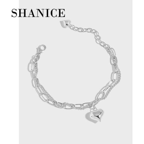 SHANICE 100% 925 Sterling Silver All-match love heart double-layer chain Chain Charm Bracelets Jewelry Wholesale For Women