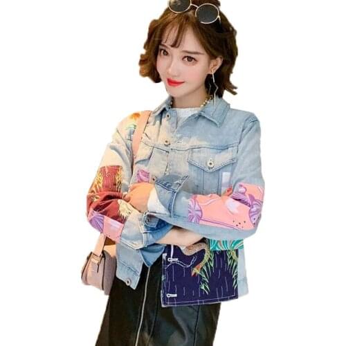 Womens Denim Jacket Short Coat Spring 2021 New Patch printing Long Sleeve Jeans Jackets Women Single-breasted Cowboy Coat