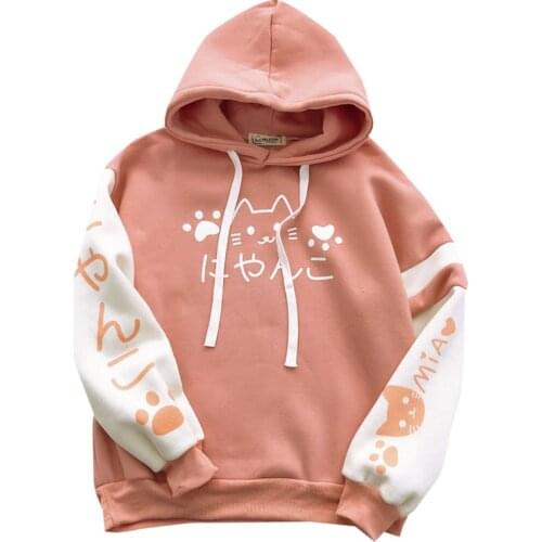 Women Hooded Sweatshirts Kawaii Cartoon Cat Print Velvet Cotton Hoodies Harajuku Soft Mori Girls Pullover Tracksuit Outerwear