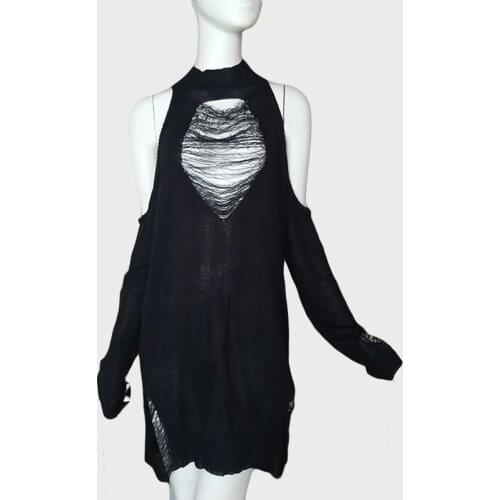 Black Gothic Long Sweaters Women Punk Hollow Out Off Shoulder Thin Hole Pullover Jumpers Sexy Sweater Slit Top Cool Broken Knit
