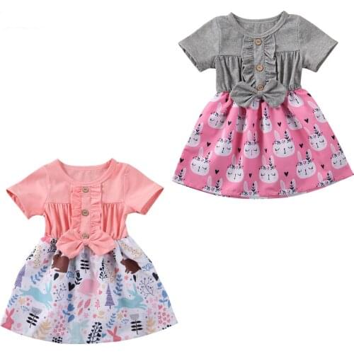 0-5Y Summer Cute Baby Girls Dress Short Sleeve Bowknot Floral Print Knee Length A-Line Dress 2 Colors