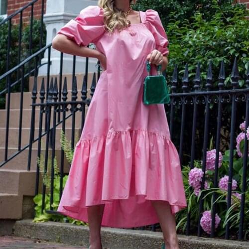 Women fashion square collar puff sleeve pink color midi dress female hem pleat ruffles casual vestido chic dresses for Party