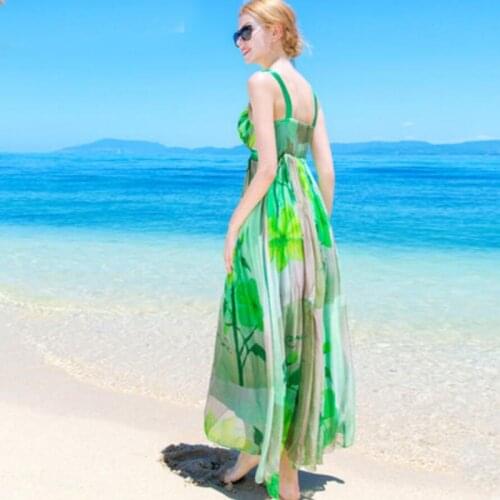 Summer Dress Women Silk Elegant Beach Long Green dress Printed Fashion Style High Quality Clothing Free Shipping HOT Selling