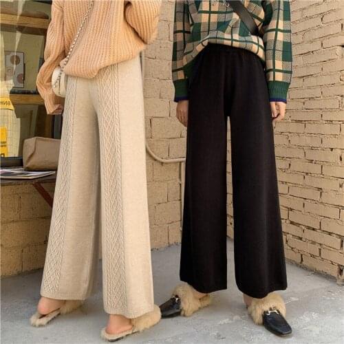 2020 Women Autumn Winter Elastic High Waist Knitted Long Wide Leg Pants Loose Straight Drape Sweater Trousers