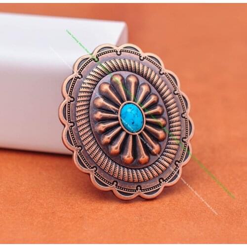 6pc 44*38mm Antique Copper Flower Pattern Sky Blue Oval Turquoise Concho For Leathercraft Belt Luggage Bag Craft Hardware Decor