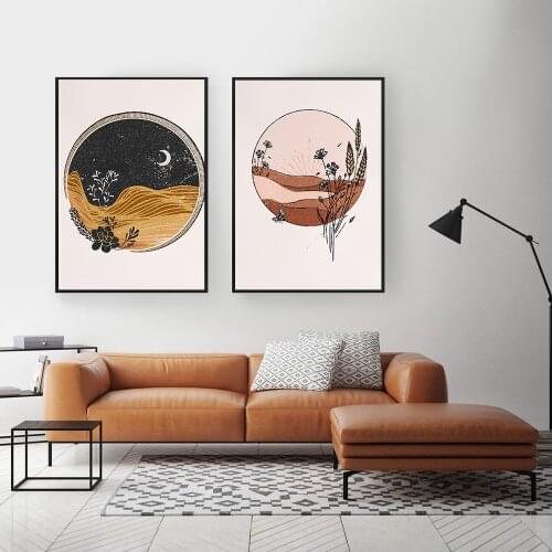 Boho Abstract Burnt Orange Canvas Painting Livingroom Wall Art Mountain Sunset Decor Pictures Vintage Landscape Posters Prints