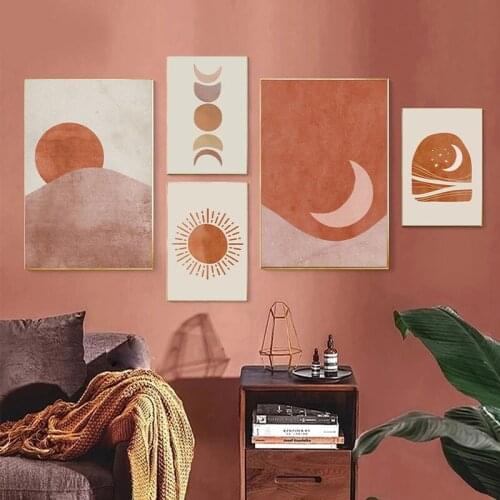 Abstract Minimalist Line Sun and Moon Scene Boho Canvas Painting Wall Art Pictures Poster Print for Living Room Home Decoration