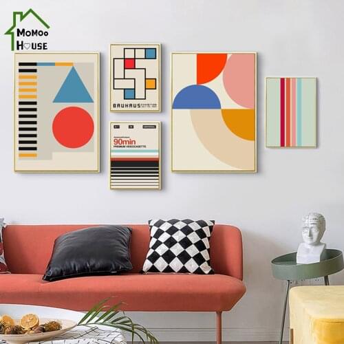 Abstract Geometric Patterns Canvas Painting Colorful Red Square Round Poster Wall Decorative Picture for Living Room Home Decor
