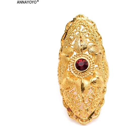 Annayoyo New Ethiopian Red Stone Wedding Ring for Women Gold Color Ring Eritrea Africa Fashion Ring Middle East Jewelry