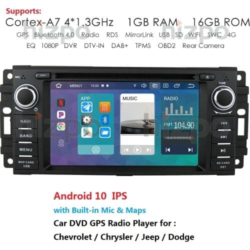 1Din Android 10 Car DVD Radio for Jeep Cherokee Compass Patriot 2009 2008 2010 Wrangler for Dodge Challenger for Chrysler Player