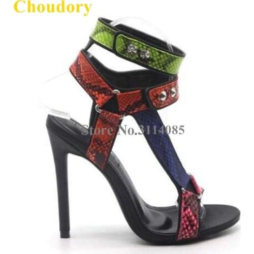 Choudory Red Green Snakeskin High Heel Sandals Stiletto Heels Triangle Metal Buckle Pumps Studded T-strap High Heel Shoes Pumps