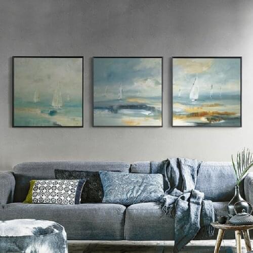 Nordic Style Sea Scenery Graffiti Blue Waves Canvas Painting Sofa Background Wall Picture Printing Poster Living Room Decoration