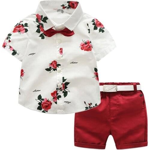 Boys clothing sets summer gentleman suits short sleeve shirt + shorts + belt 3pcs kids clothes children set for 2-7 years