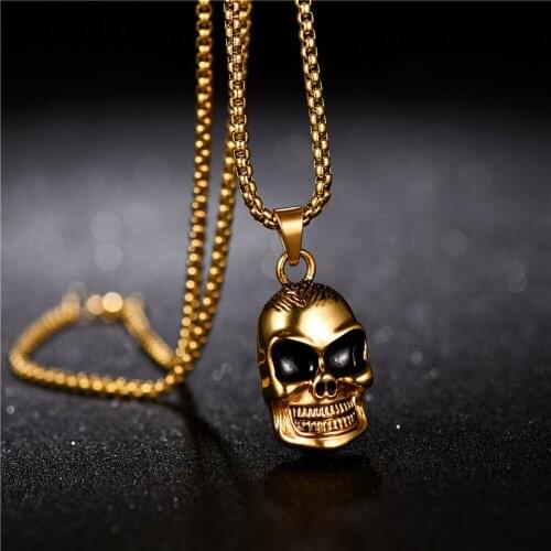 Skull Head Cool Pendant Necklace Stainless Steel Gold Color Punk Gothic Biker High Quality Jewelry