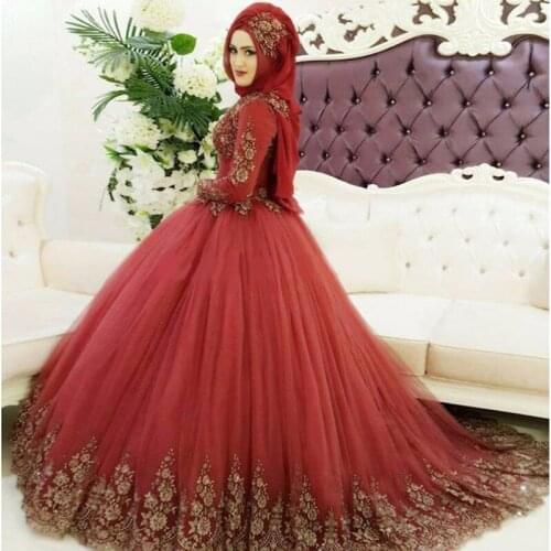 Burgundy Muslim Full Sleeve Lace Wedding Dress Tulle Ball Gown With Golden Lace Robe De MariEe Vestidos De Novia Saudi Arabia