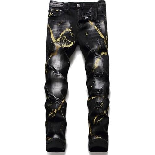 KIOVNO Mens Fashion Ripped Jeans Trousers Slim Painted Splash Denim Pants Male Streetwear Washed