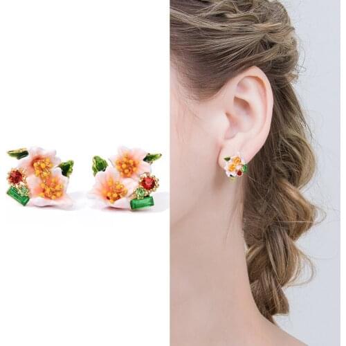 Korean style fashion temperament enamel glaze flower 925 silver needle stud earrings niche design without pierced ear clips