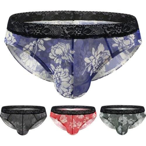 Mens sexy underwear briefs sexy transparent net yarn breathable printing lace triangle U convex lace edge temptation alternativ