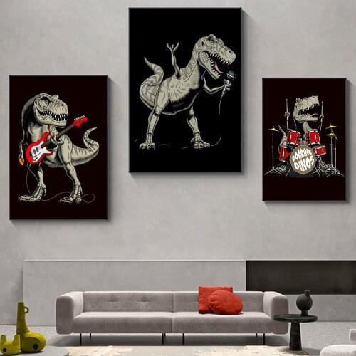 Dinosaur Playing Guitar Singing and Drum Kit Creativity Funny Prints Kids Room Lovely Home Vintage Decoration Creative Painting