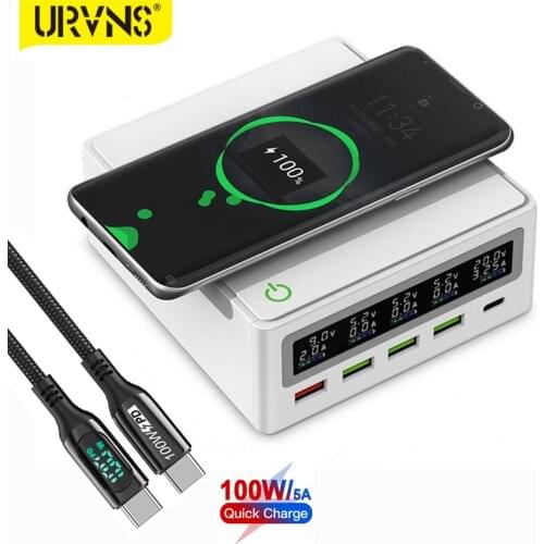 URVNS 130W 5-Port Desktop Multiple USB Charging Station With USB-C, QC3.0 Port, Wireless Charger, LCD Display Fast USB Charger