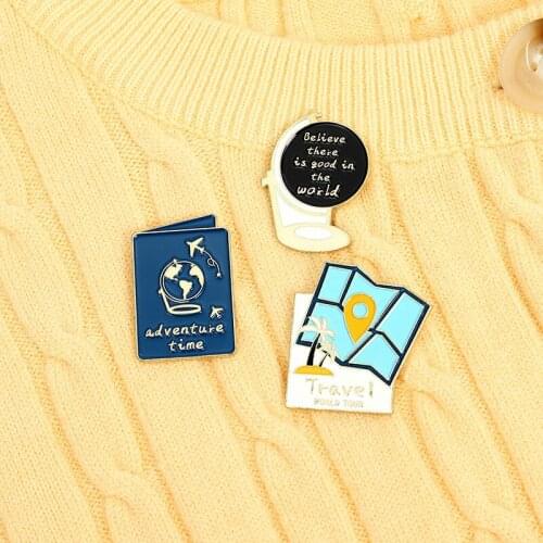 New Traveler Enamel Pin Cartoon Map Globe Passport Pin Lapel Pin Shirt Badge World Adventure Journey Good Friends Jewelry Gift