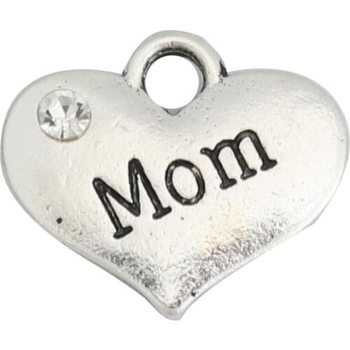 DoreenBeads Charm Pendants Heart Silver Color "Mom" Message Carved Clear Rhinestone 16x14mm Jewelry Accessories, 10 PCs