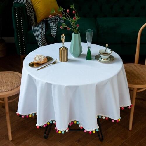 Nordic style White Round Tablecloth Washable Cotton Linen Colored Ball Tassels Dining Table cloth for Christmas Party Home